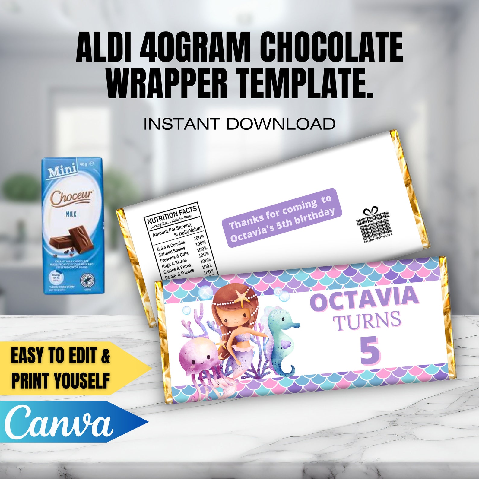 CANVA Mermaid Birthday CHOCOLATE Bar Wrapper Template, 40g Aldi ...