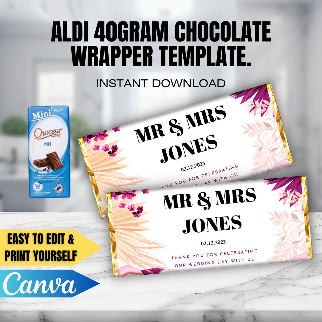 CANVA Wedding CHOCOLATE Bar Wrapper Template 5, 40gram Chocolate Bar ...