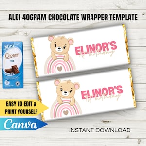EDITIERBARE Schoko Bar Wrapper DRUCKBARE Vorlage, Sofortiger Download, DIY Party Favour, Aldi Schokolade, Bär Geburtstag Babyparty Schokoriegel