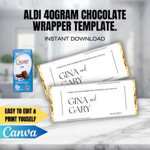 Modèle d'emballage de barre CHOCOLAT pour mariage CANVA, 40 grammes de chocolat Aldi, modèle d'emballage modifiable. Téléchargement instantané. Cadeau bricolage imprimable