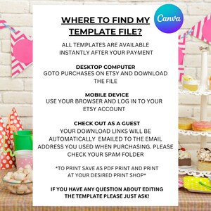 May include: A colorful graphic with instructions on how to find your template file after purchasing it on Etsy. The graphic features a party scene with a cake stand, cupcakes, and party hats. The text reads "Where to find my template file?" and includes instructions for both desktop and mobile devices.