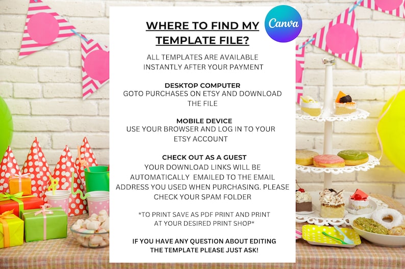 May include: A colorful graphic with instructions on how to find your template file after purchasing it on Etsy. The graphic features a party scene with a cake stand, cupcakes, and party hats. The text reads "Where to find my template file?" and includes instructions for both desktop and mobile devices.