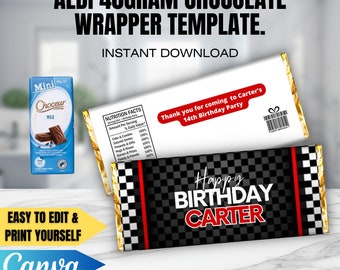 CANVA Race Car birthday Chocolate Bar Wrapper TEMPLATE, 40g Aldi chocolate, Editable template. Instant download, Diy Party Favour Printable