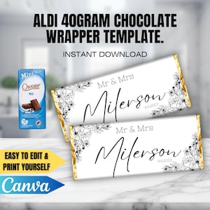 May include: Two printable chocolate bar wrappers with a gold border and black floral designs. The text on the wrappers reads "Mr. & Mrs. Milerson 9.9.2023".