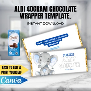 CANVA Baby Shower Chocolate Bar Wrapper TEMPLATE, 40g Aldi chocolate, Editable Instant download template, Diy Party Favour Printable, Boy 1