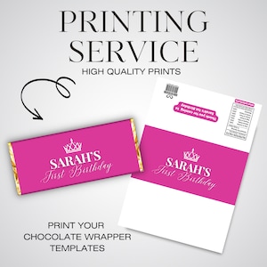 May include: Printable chocolate bar wrapper template featuring a pink background with a gold crown and the text "SARAH'S First Birthday".