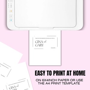 May include: A printable wedding thank you card template with the text "THANK YOU FOR CELEBRATING OUR SPECIAL DAY WITH US GINA and GARY 05.08.2023" in black text on a white background. The text is centered on the card. The card is shown being printed on a printer.
