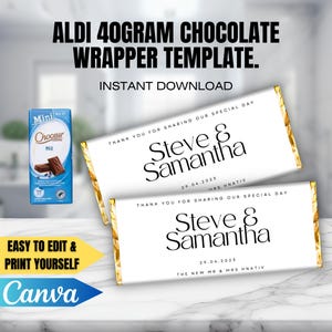 May include: Printable template for a 40 gram chocolate bar wrapper. The wrapper is white with gold accents and features the text "Thank you for sharing our special day" and the names "Steve & Samantha" with the date "29.04.2023".