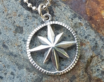 Compass Rose Charm - Sterling Silver Starburst Compass Pendant - Travel - Graduation - Birthday - Gift - New Job - Life Direction Symbol