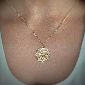 Gold Lotus Flower Mandala Pendant Large Bronze Mandala Charm Gold Tone Layered Lotus Necklace Custom Length Gold Fill Chain Option image 1