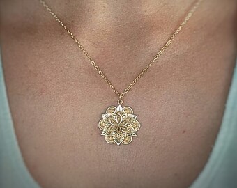 Gold Lotus Flower Mandala Pendant - Large Bronze Mandala Charm - Gold Tone Layered Lotus Necklace - Custom Length Gold Fill Chain Option