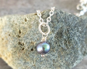 Peacock Black Pearl Necklace Charm - June Birthstone - Hand Wrapped Freshwater Pearl Accent Charm - Optional Custom Length Silver Chain