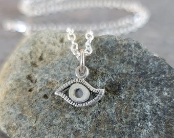 Tiny Evil Eye Necklace Charm - Sterling Silver Third Eye - VERY SMALL - Protection Amulet - Optional Custom Length Silver Chain