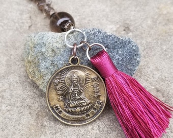 Quan Yin Rear View Mirror Charm with Smoky Quartz Gemstones and Tassel - Car Suncatcher - Female Buddha - One of a Kind - Handmade