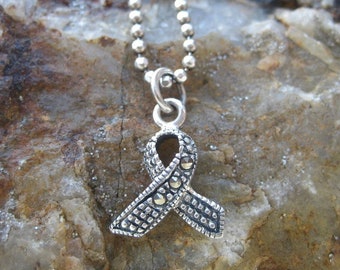 Elegant Awareness Ribbon Charm - Marcasite & Sterling Silver - Optional Custom Length Silver Chain - Unique Breast Cancer Awareness Necklace
