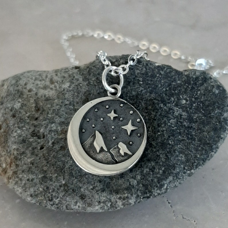 Mountains Moon and Stars Necklace Charm Sterling Silver Starry Night Sky Charm Mountain Range 3D Optional Custom Length Silver Chain image 10