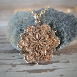 Gold Lotus Flower Mandala Pendant Large Bronze Mandala Charm Gold Tone Layered Lotus Necklace Custom Length Gold Fill Chain Option image 2