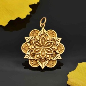 Gold Lotus Flower Mandala Pendant Large Bronze Mandala Charm Gold Tone Layered Lotus Necklace Custom Length Gold Fill Chain Option image 8