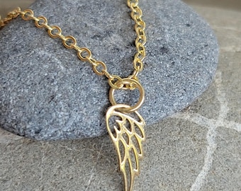 14K Gold Angel Wing Pendant, Guardian Necklace, Memorial Jewelry, Protection Symbol, Vermeil Spiritual Charm