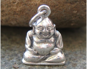 Happy Little Buddha Charm - Laughing Buddha Necklace - Sterling Silver Buddhist Charm - Tiny Silver Buddha - Optional Custom Length Chain