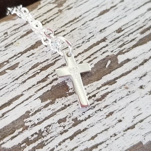 Small Silver Cross Necklace Tiny Cross on Custom Length Silver Chain with Lobster Clasp Birthstone Option First Communion image 2