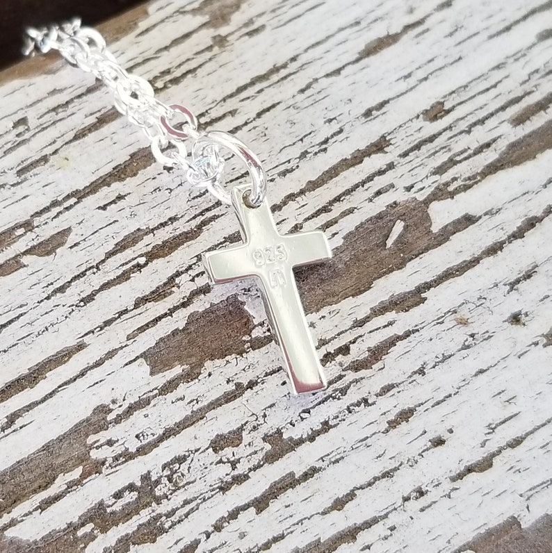 Small Silver Cross Necklace Tiny Cross on Custom Length Silver Chain with Lobster Clasp Birthstone Option First Communion Bild 2