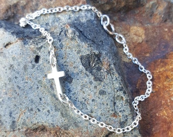 Sideways Tiny Cross Bracelet - Sterling Silver Cross Anklet - Small Silver Sideways Cross - Custom Length Options - GOLD CROSS OPTION