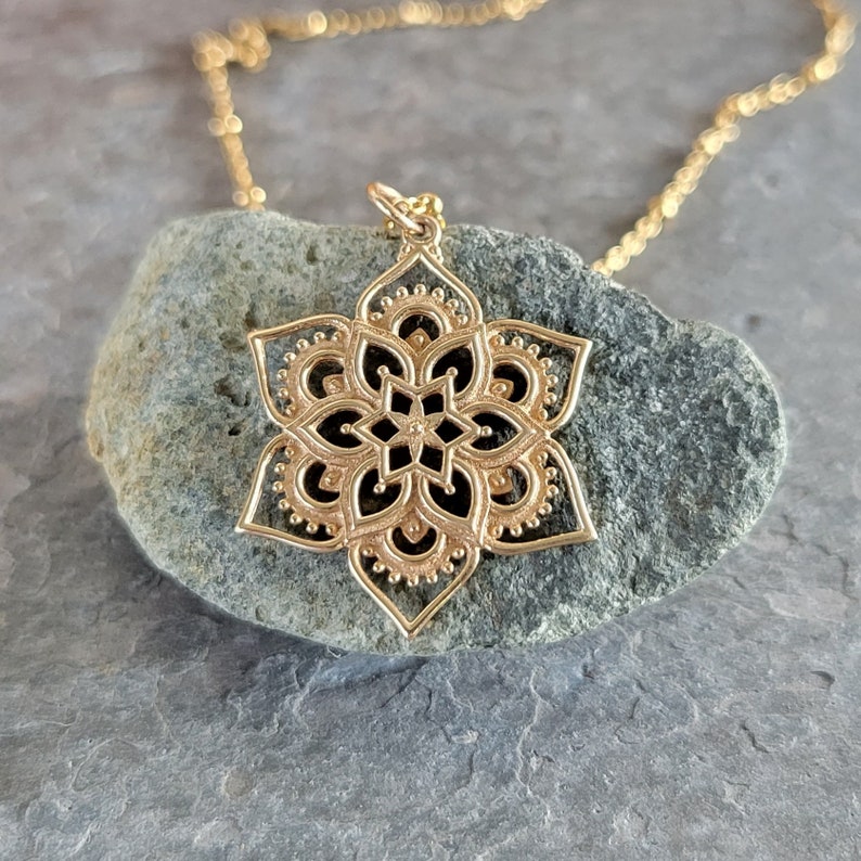 Bronze Openwork Lotus Mandala Pendant Gold Tone Lotus Necklace Meditation Charm Optional Custom Length Gold Filled Chain Yoga Charm image 3