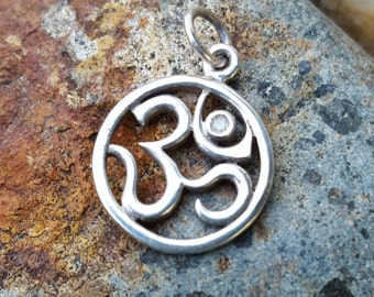 Silver Om Charm with Genuine Diamond - Sterling Om Necklace - Real 1 Point Diamond - Optional Custom Length Silver Chain