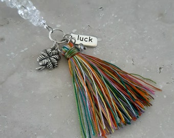 Good Luck Rainbow Rear View Mirror Charm - Quartz Crystals - Four Leaf Clover Suncatcher - Essential Oil Diffusing Lava Beads - Lucky Charm!