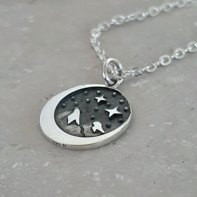 Mountains Moon and Stars Necklace Charm Sterling Silver Starry Night Sky Charm Mountain Range 3D Optional Custom Length Silver Chain image 2