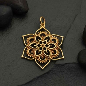 Bronze Openwork Lotus Mandala Pendant Gold Tone Lotus Necklace Meditation Charm Optional Custom Length Gold Filled Chain Yoga Charm image 7