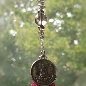 Quan Yin Rear View Mirror Charm with Smoky Quartz Gemstones and Tassel Car Suncatcher Female Buddha One of a Kind Handmade zdjęcie 3