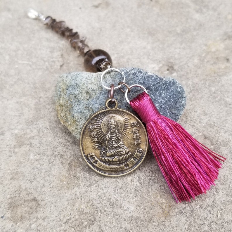 Quan Yin Rear View Mirror Charm with Smoky Quartz Gemstones and Tassel Car Suncatcher Female Buddha One of a Kind Handmade zdjęcie 1