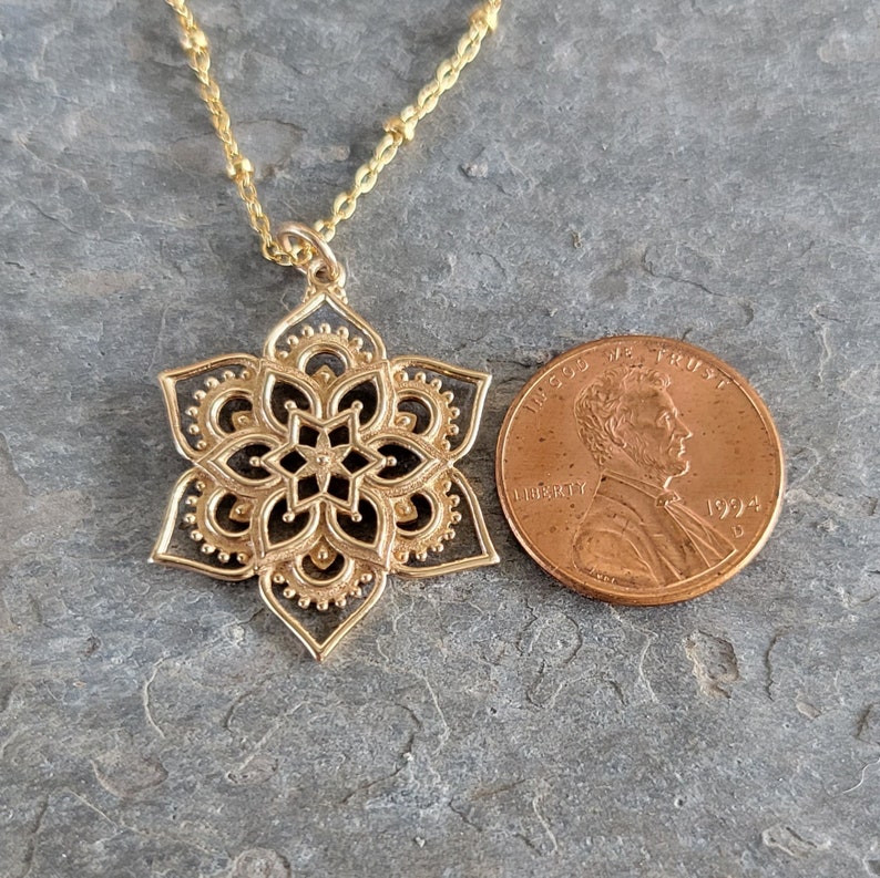 Bronze Openwork Lotus Mandala Pendant Gold Tone Lotus Necklace Meditation Charm Optional Custom Length Gold Filled Chain Yoga Charm image 5