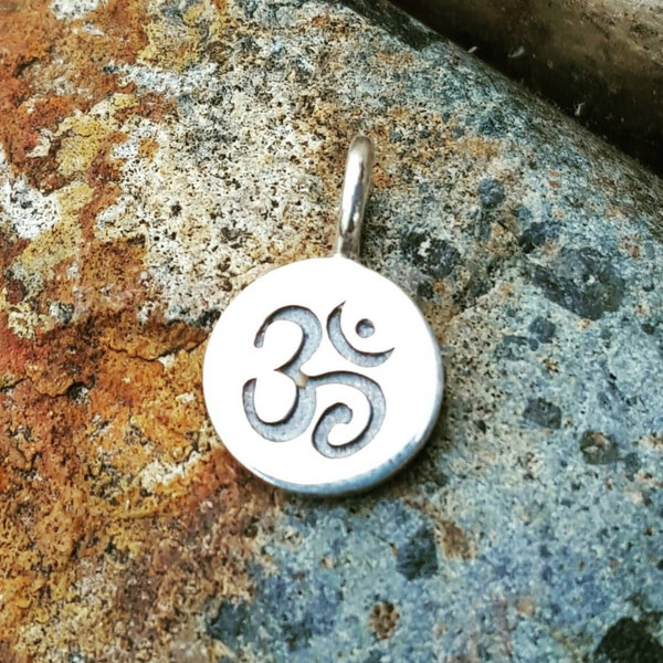 Tiny Silver Om Charm - Small Om Necklace - Sterling Silver OM Disc - Yoga Jewelry - Custom Length Silver Chain Option