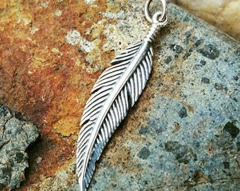 Sterling Silver Textured Feather Charm - Optional Custom Length Chain - Discount for Pair - Feather Necklace