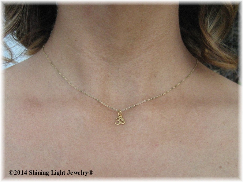 Tiny Gold Om Charm VERY SMALL Gold Om Necklace 24K Vermeil Optional Custom Length Gold Filled Chain Yoga Jewelry image 3