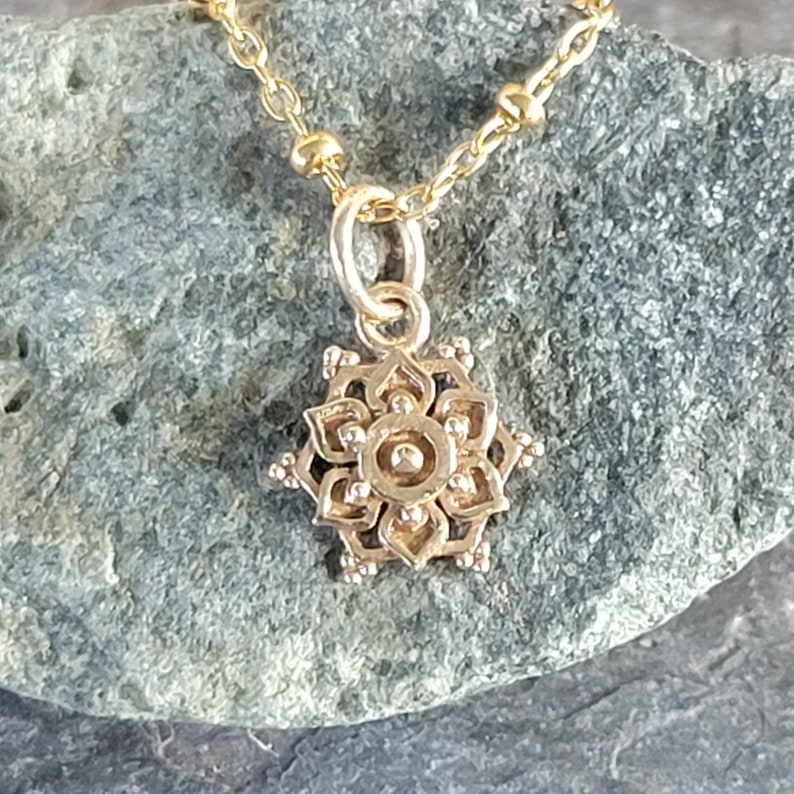 Bronze Tiny Lotus Mandala Necklace Gold Tone Lotus Flower Charm Meditation Charm Optional Custom Length Gold Filled Chain Very Small image 7