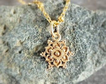 Bronze Tiny Lotus Mandala Necklace - Gold Tone Lotus Flower Charm - Meditation Charm - Optional Custom Length Gold Filled Chain - Very Small