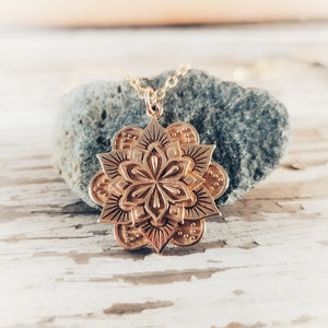 Gold Lotus Flower Mandala Pendant Large Bronze Mandala Charm Gold Tone Layered Lotus Necklace Custom Length Gold Fill Chain Option image 3