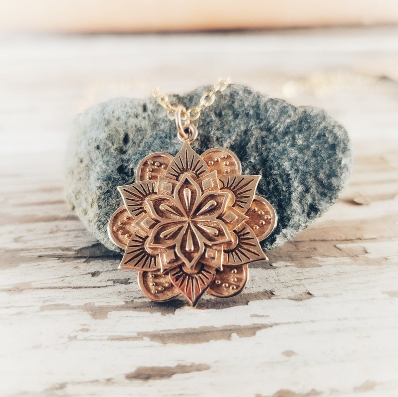 Gold Lotus Flower Mandala Pendant Large Bronze Mandala Charm Gold Tone Layered Lotus Necklace Custom Length Gold Fill Chain Option image 3