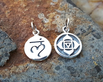 First Chakra Symbol Charm - Double Sided with Sanskrit Word - Sterling Silver - Root 1st - Optional Custom Length Sterling Chain
