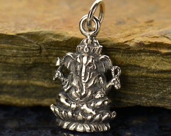 Ganesh Charm Sterling Silver - Ganesh Necklace Yoga Jewelry - Remover of Obstacles - Elephant God - Optional Chain or Crystal Add-On Charm