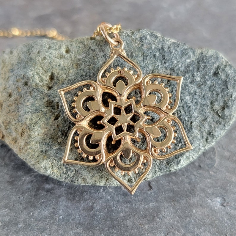 Bronze Openwork Lotus Mandala Pendant Gold Tone Lotus Necklace Meditation Charm Optional Custom Length Gold Filled Chain Yoga Charm image 4