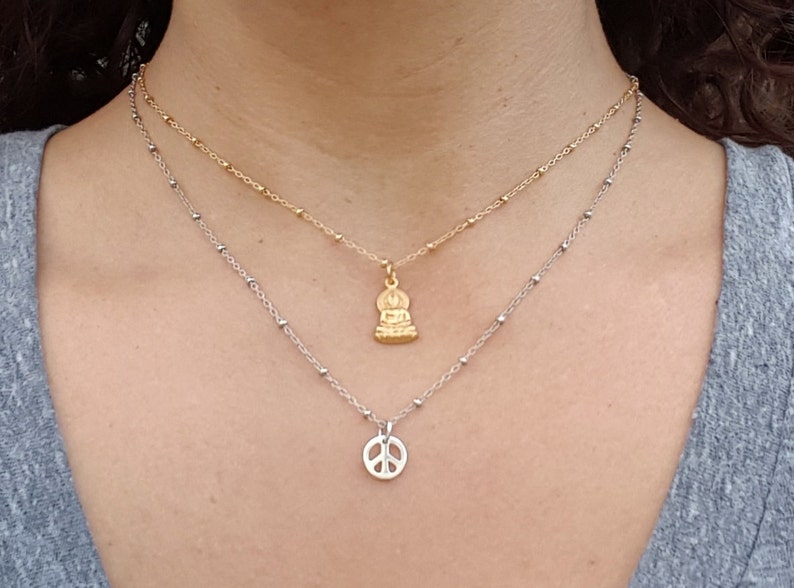 Small Peace Sign Charm Sterling Silver Tiny Peace Symbol Optional Custom Length Chain World Peace Necklace image 3