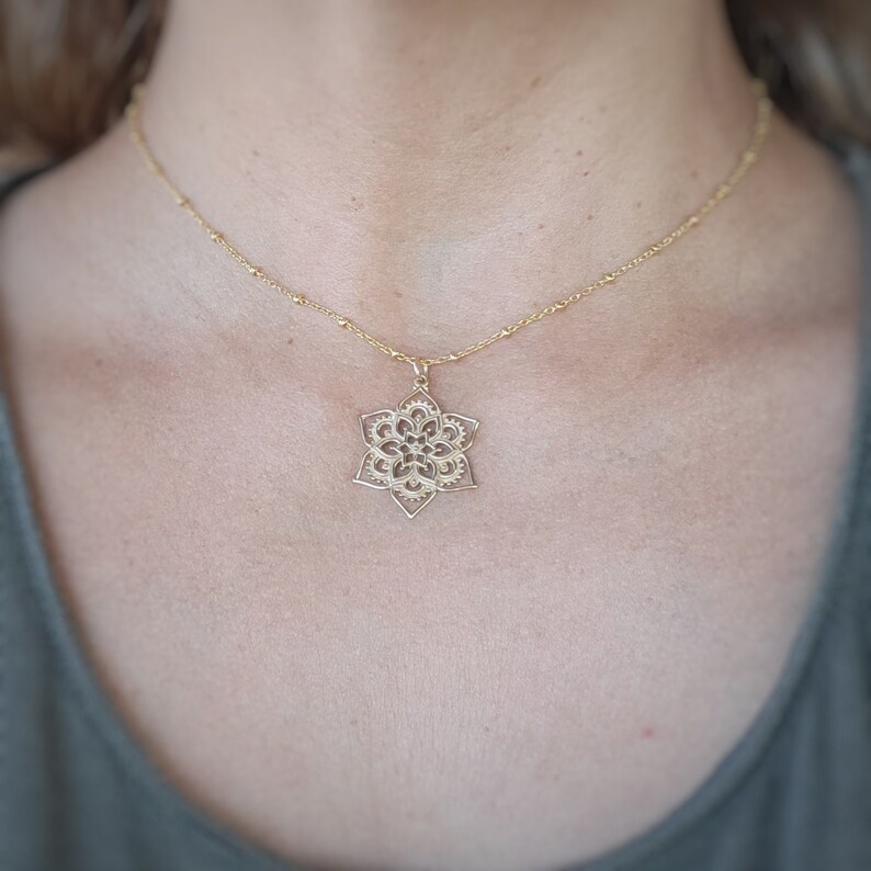 Bronze Openwork Lotus Mandala Pendant Gold Tone Lotus Necklace Meditation Charm Optional Custom Length Gold Filled Chain Yoga Charm image 2