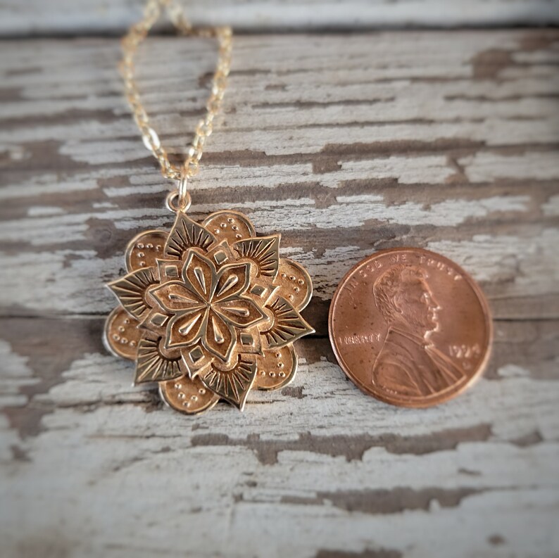 Gold Lotus Flower Mandala Pendant Large Bronze Mandala Charm Gold Tone Layered Lotus Necklace Custom Length Gold Fill Chain Option image 4