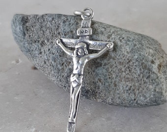 Large Silver Cross with Jesus Charm - Crucifix Necklace - Optional Custom Length Silver Chain - For Man or Woman