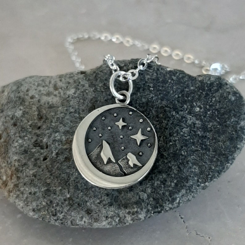 Mountains Moon and Stars Necklace Charm Sterling Silver Starry Night Sky Charm Mountain Range 3D Optional Custom Length Silver Chain image 1